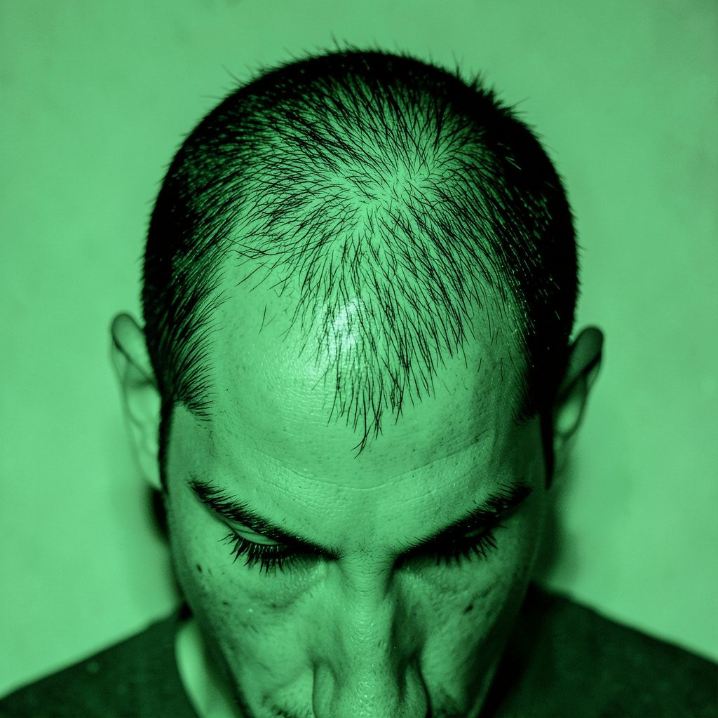 A duotone photograph in deep charcoal and soft white showing a side profile silhouette suggesting hair loss treatment, calm and clinical mood